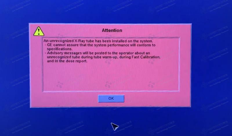 An unrecognized X-Ray tube has been installed on the system. GE Medical Systems cannot assure that the system performance will conform to specifications. Advisory messages will be posted to the operator about an unrecognized tube during tube warm-up, during Fast Calibration, and in the dose report.