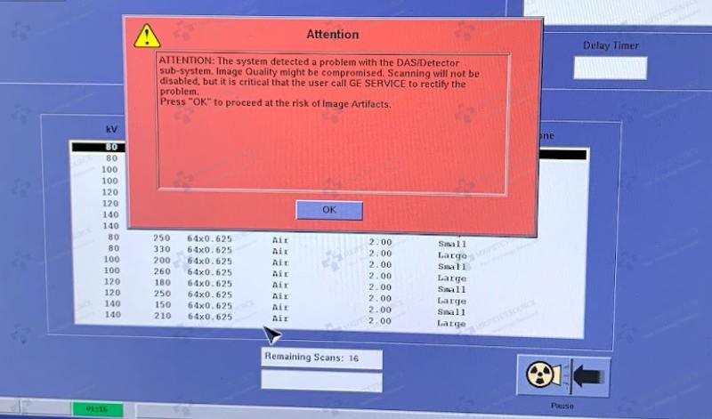 Attention: The system has detected a problem with the DAS/Detector sub-system. Image quality might be compromised. Scanning will not be disabled, but it is critical that the user call GE Service to rectify the problem. Press "OK" to proceed at the risk of image artifacts.