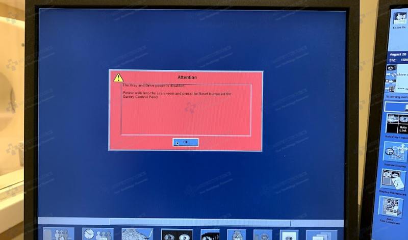 The X-ray and drive power is disabled. Please walk into the scan room and press the reset button on the Gantry Control Panel. Use of Emergency Stop button is only recommended for patient related emergencies. ge ct error messages