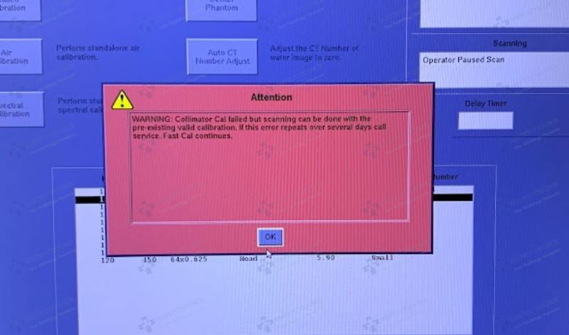 WARNING: Collimator Cal failed but scanning can be done with the pre-existing valid calibration. If this error repeats over several days call service. Fast Cal continues, ge ct error messages