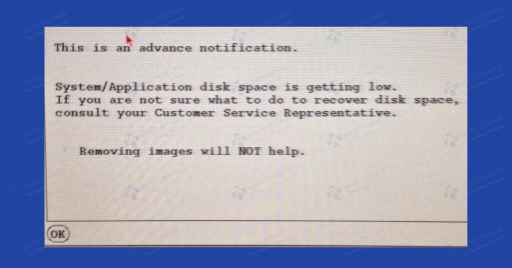 This is an advanced notification. System/Application disk space is getting low. If you are not sure what to do to recover disk space, consult your Customer Service Representative. Removing Images will not help, mri disk space is getting low, ge mri disk space low